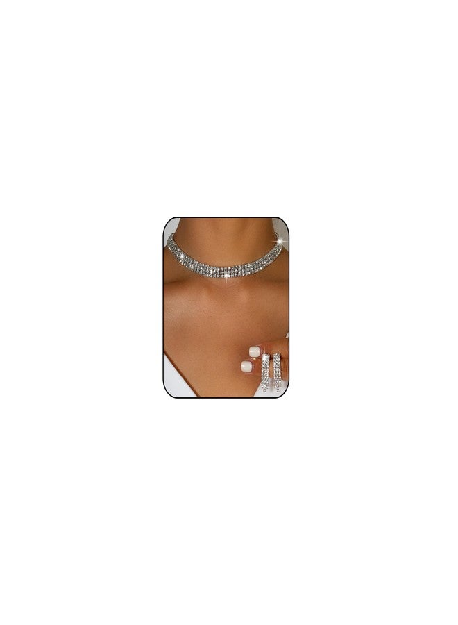 PINCHUAN Rhinestone Choker Necklaces for Women Silver Diamond Choker and Earring Prom Jewelry Set for Women Sliver choker Necklace Bridal Jewelry for Wedding Prom jewelry Gift-style B - Image 1